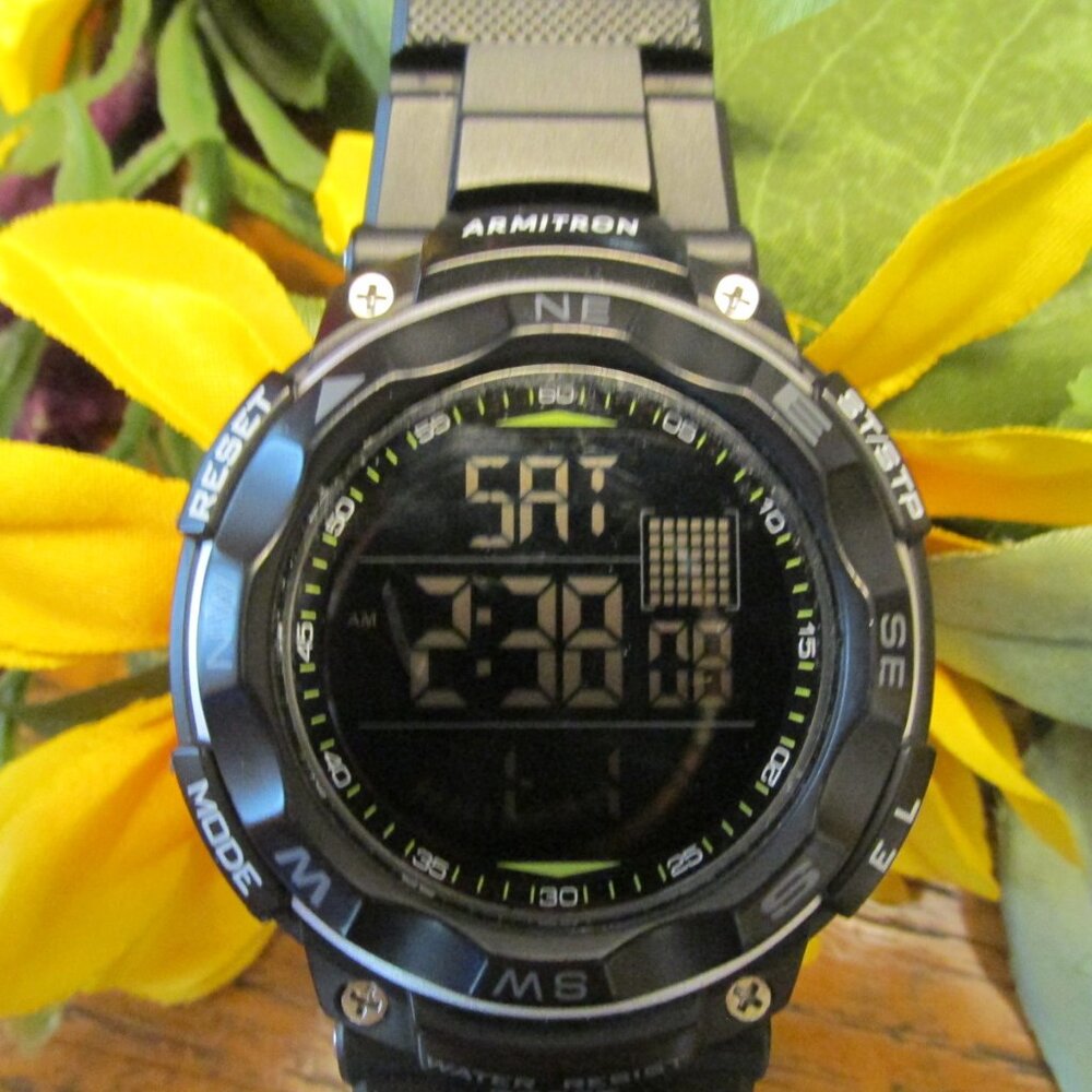 A3-EUC Armitron Multi-Function Black Sport Watch w/ box, book, NEW Battery